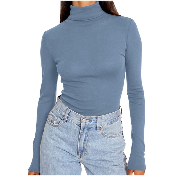 JGGSPWM Women's Long Sleeve Mock Turtle Neck Tops Fall Winter Basic Layering Lightweight Slim Fitted Shirts Light Blue L