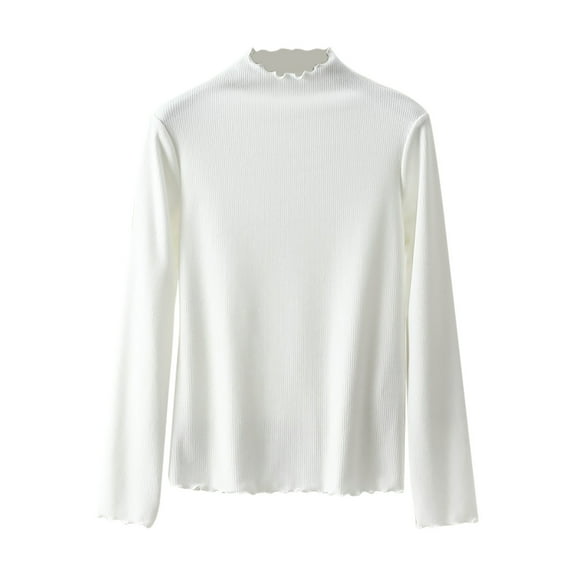 JGGSPWM Women's Long Sleeve Mock Turtleneck Shirt Summer Fall Casual Slim Fitted Lightweight Baselayer Pullover Ruffle Standing Collar Solid Color Classic Basic Tee Tops White 2XL