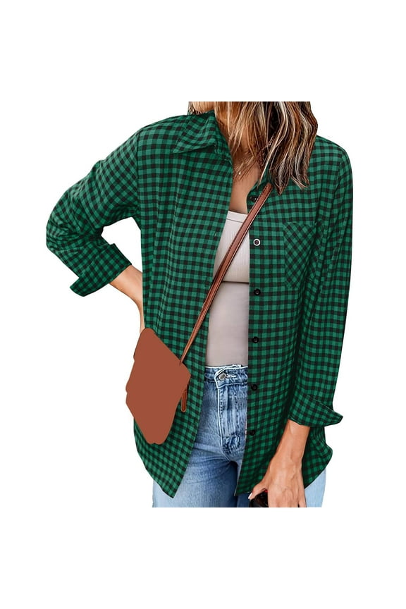 Women's Long Sleeve Plaid Flannel Button Down Shirts Buffalo Check Shacket Casual Lapel Collared Oversized Dressy Tops with Pocket Green XL
