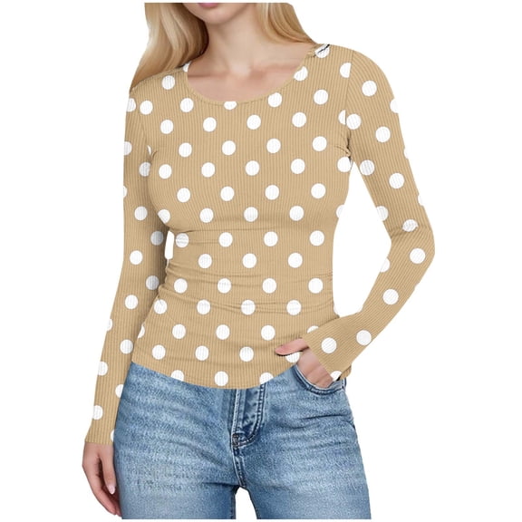 JGGSPWM Women's Long Sleeve Ploka Dots T-Shirts Dressy Casual Basic Blouse Trendy Basic Loose Crewneck Slim Tight Pit Stripe Tops Yellow S