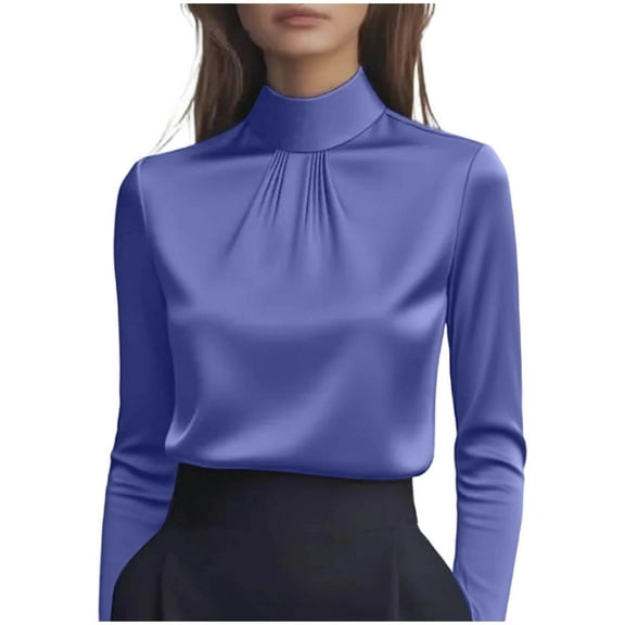 JGGSPWM Women's Long Sleeve Satin Blouse, Stannd-up Collar Work Silk Shirts, Dressy Tops for Business Casual Office Purple S