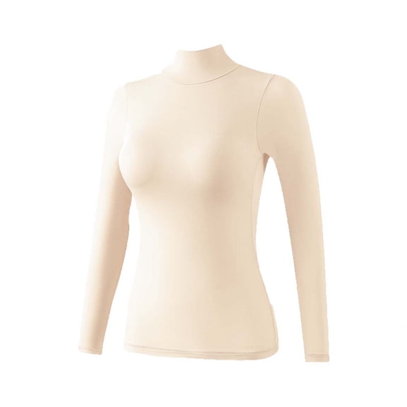 JGGSPWM Women's Long Sleeve Thermal Underwear T-Shirt Bottoming Basic Solid Color Lightweight Base Layer Tops Beige XL