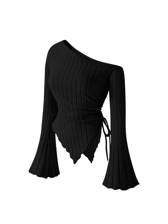 Women's Long Sleeve Y2K Crop Top Trendy Off Shoulder Asymmetrical Fitted Knit Tee Shirts Going Out Tops Black L