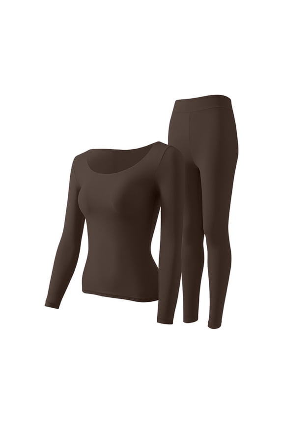 Women's Long Underwear Ultra Thin Tight Solid Color Base Layer Thermal Underwear Sets Crew Neck Top and Legging Brown L