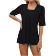 thumbnail image 1 of JGGSPWM Women's Loose Casual Solid Color Open Front Cardigan Tops Fake Two Piece Splicing Short Sleeve Top Shirt Black XL, 1 of 7