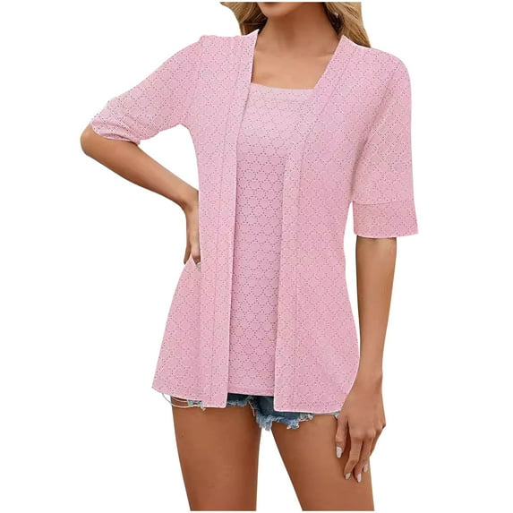 JGGSPWM Women's Loose Casual Solid Color Open Front Cardigan Tops Fake Two Piece Splicing Short Sleeve Top Shirt Pink M