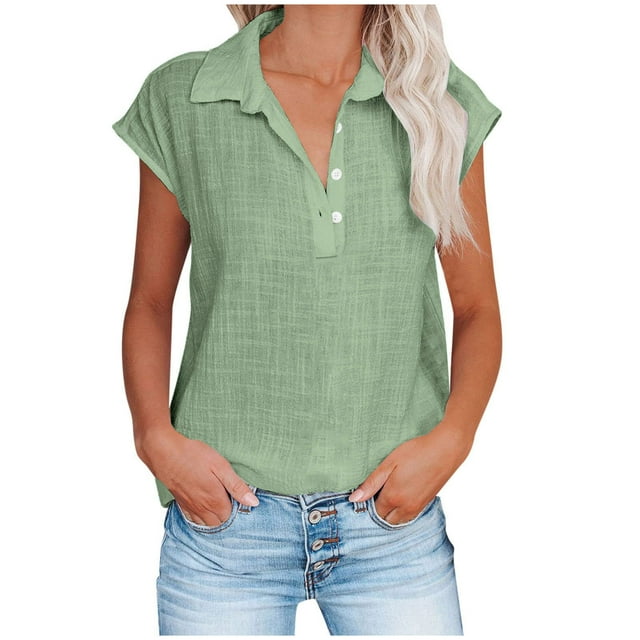 JGGSPWM Women's Loose Fit Cotton Linen Cap Sleeve Button Up V-Neck Collared Shirts Casual Tops Green L