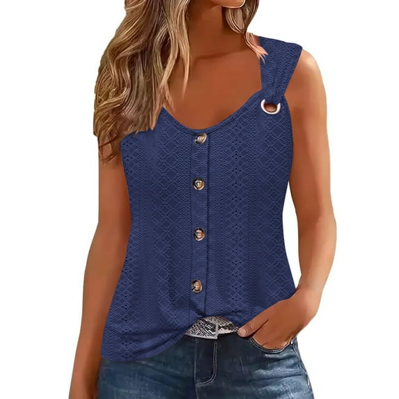 JGGSPWM Women's Loose Fit Summer Tank Tops Spring Lace Tee Button Down O Ring Strappy Shirts Blue 2XL