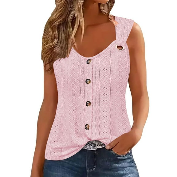 JGGSPWM Women's Loose Fit Summer Tank Tops Spring Lace Tee Button Down O Ring Strappy Shirts Pink S