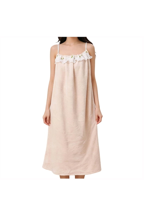Women's Lounge Terry Cloth with Lace Trim Cute Absorbent Robes Fluffy Spaghetti Strap Nightrobe Shower Yellow Free Size