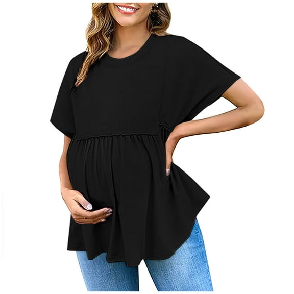 JGGSPWM Women's Maternity Short Sleeve Crew Neck Tunic Tops Casual Babydoll Peplum Blouses for Spring Summer Black 2XL