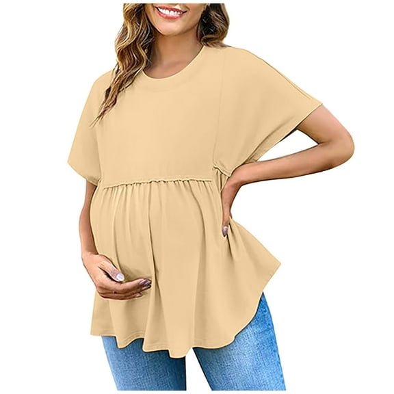 JGGSPWM Women's Maternity Short Sleeve Crew Neck Tunic Tops Casual Babydoll Peplum Blouses for Spring Summer Yellow L