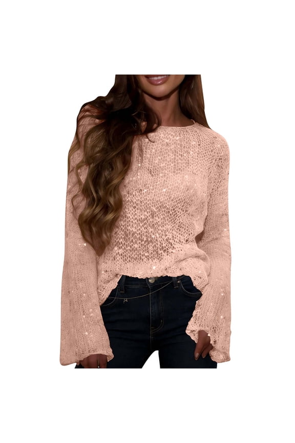 Women's Mesh Sequin Sparkly Shirts Sheer Long Sleeve Shiny Sweater Hollow Out Pullover Sexy Knit Tunic Blouses Pink L