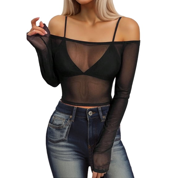 JGGSPWM Women's Mesh Sheer Tops Off The Shoulder Long Sleeve See Through Shirts Going Out Party Club Outfits Black XXXL