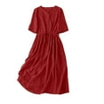 thumbnail image 1 of JGGSPWM Women's Mid-Length Pocket V-Neck Five-Quarter Sleeve Solid Color Jacquard Drawstring Mid-Length Dresses Red XXL, 1 of 8