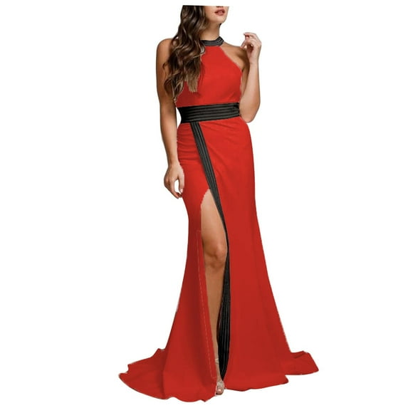 JGGSPWM Women's Midi Dresses Color Block Regular Fit Formal Wedding Guest Dress Sleeveless Halter Neck Evenning Dress Side Split Prom Party Dress Red M
