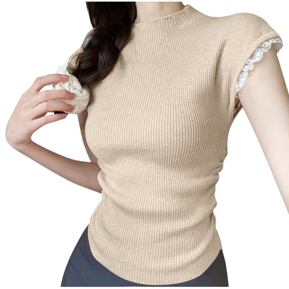 JGGSPWM Women's Mock Neck Knit Sweater Vest Sleeveless Casual Trendy Summer Solid Ribbed Pullover Tank Tops Beige Free Size