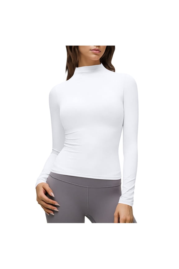 Women's Mock Turtleneck Long Sleeve Going Out Tops Fashion Solid Color Ruched Double Lined Tight Basic Tee Shirts White S
