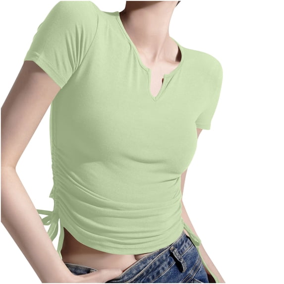 JGGSPWM Women's Notch V Neck Ribbed Fitted Shirt Slim Fit Breathable Comfortable Basic Short Sleeves Tee Shirt Top Green L
