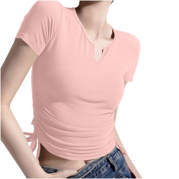JGGSPWM Women's Notch V Neck Ribbed Fitted Shirt Slim Fit Breathable Comfortable Basic Short Sleeves Tee Shirt Top Pink XL