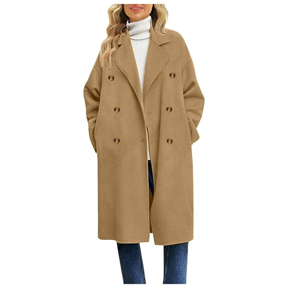 JGGSPWM Women's Notched Lapel Double Breasted Pea Coat Winter Wool Blend Long Jacket Shawl Collar Slim Trench Coat Below Knee Khaki#/001 XL