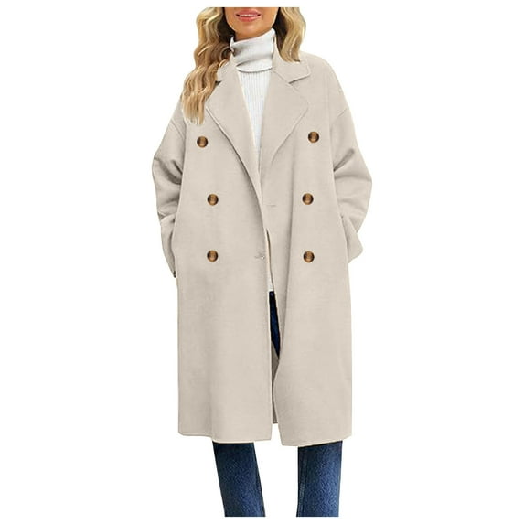 JGGSPWM Women's Notched Lapel Double Breasted Pea Coat Winter Wool Blend Long Jacket Shawl Collar Slim Trench Coat Below Knee White#/001 L