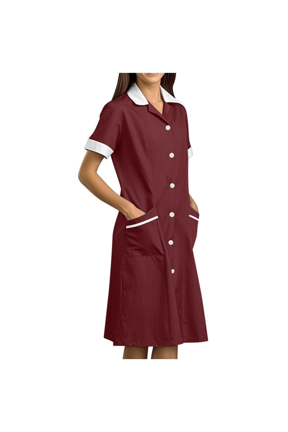 Women's Nursing Dress Button Down Shirt Dress Notch Lapel Short Sleeve Belted Office Mini Short Dresses Red S