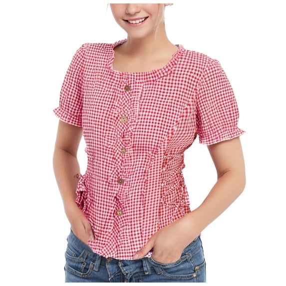 JGGSPWM Women's Oktoberfest Dirndl Blouse Bavarian Mesh Top Lace Shirt Plaid Puff Sleeve Ruffle Peter Pan Collar Top Red#/002 L