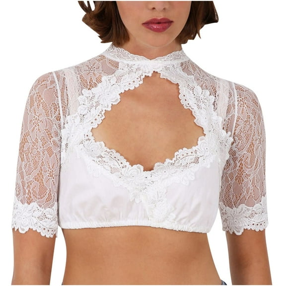 JGGSPWM Women's Oktoberfest Fashion Bavarian Beer Lace Crop Tops Blouse Shirts White L