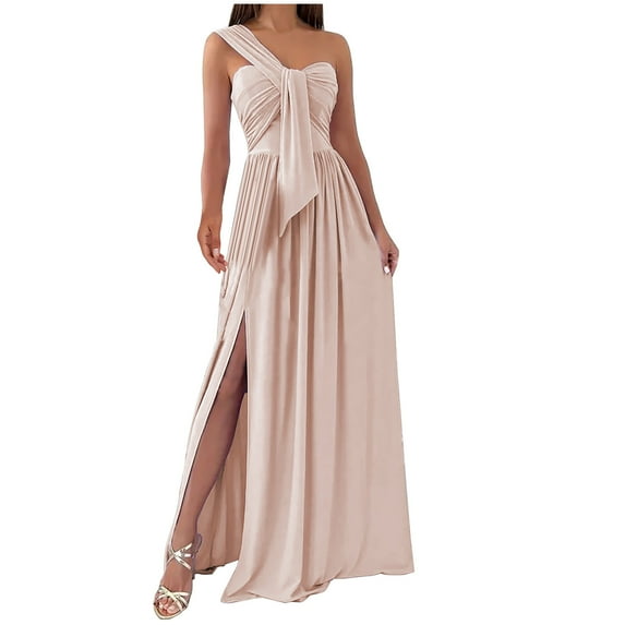 JGGSPWM Women's One Shoulder Maxi Dress Chiffon High Waisted A Line Skirt Sleeveless Side Slit Dresses Beige XL