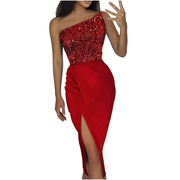 JGGSPWM Women's One Shoulder Sequined Velvet Midi Dress Side Slit Ruched Formal Evening Parties Dresses Red M