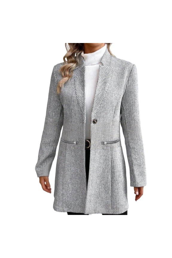 Women's Open Front Herringbone Blazer Business Casual Long Sleeve Work Jacket Full Lining and Padded Coat Jacket Gray XL