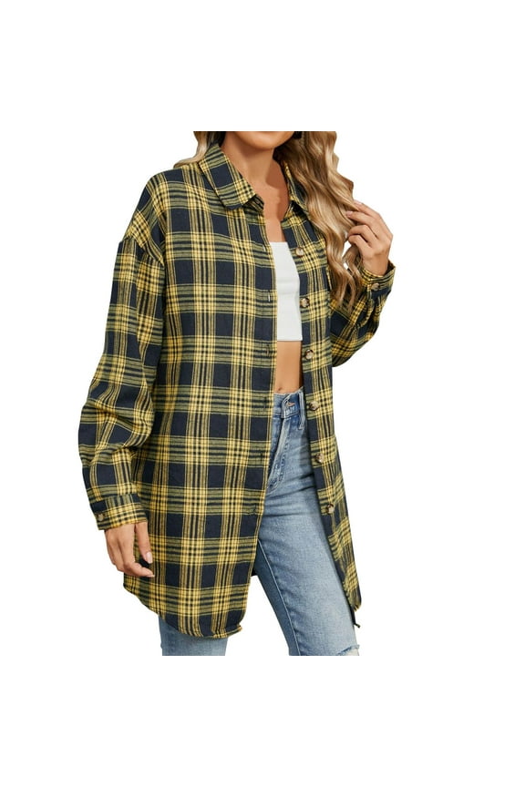 Women's Oversized Button-Down Flannel Plaid Shirts Long Sleeve Lapel Tops Fall Plaid Shacket for Women A04-Yellow M