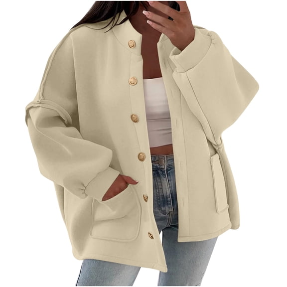 JGGSPWM Women's Oversized Button Down Jacket Lantern Long Sleeve Coat Fall Winter Mock Neck Casual Outerwear with Pockets Yellow XXL
