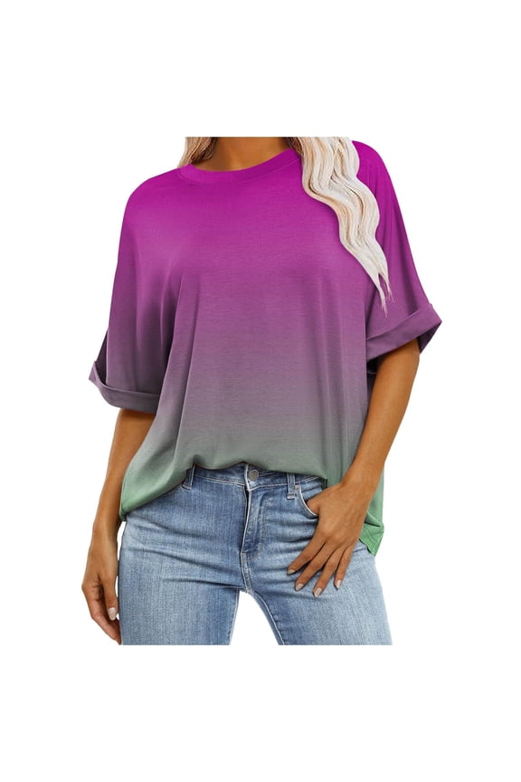 Women's Oversized Crew Neck Half Sleeve Summer Tops Loose Elbow Length Gradient Casual Tees Pink L