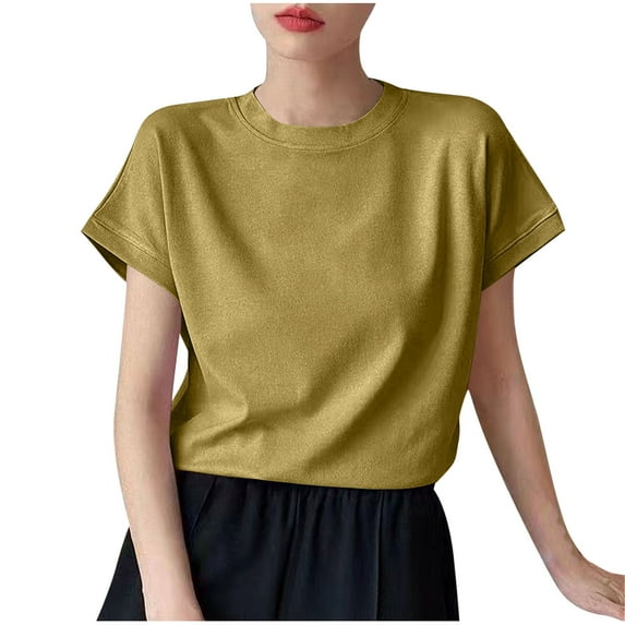 JGGSPWM Women's Oversized Crew Neck Short Sleeve Casual Loose Summer Cropped Workout T-Shirt Tops Cotton Army Green L