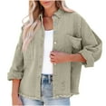 thumbnail image 1 of JGGSPWM Women's Oversized Frayed Lightweight Denim Jacket Button Down Ripped Distressed Jean Shacket Jacket Coat Khaki L, 1 of 5