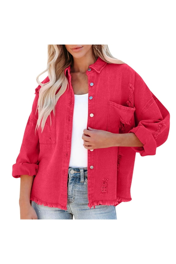 Women's Oversized Frayed Lightweight Denim Jacket Button Down Ripped Distressed Jean Shacket Jacket Coat Red XL