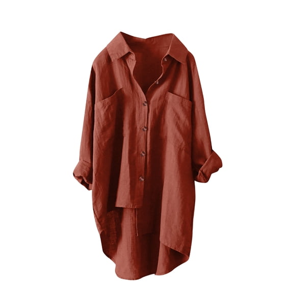 JGGSPWM Women's Oversized Linen Shirts Long Sleeve High-Low Button Up Blouses Tunic Tops Boyfriend Style Wine L