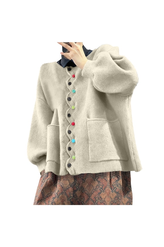 Women's Oversized Round Neck Buttoned Knit Cardigan, Vintage Round Neck Long Sleeve Loose Fit Coat Sweater with Pockets Beige XXL