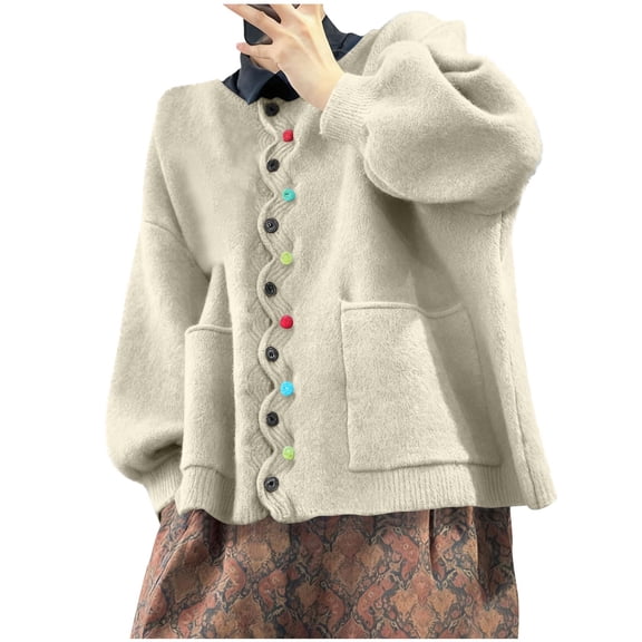JGGSPWM Women's Oversized Round Neck Buttoned Knit Cardigan, Vintage Round Neck Long Sleeve Loose Fit Coat Sweater with Pockets Beige XXXXL