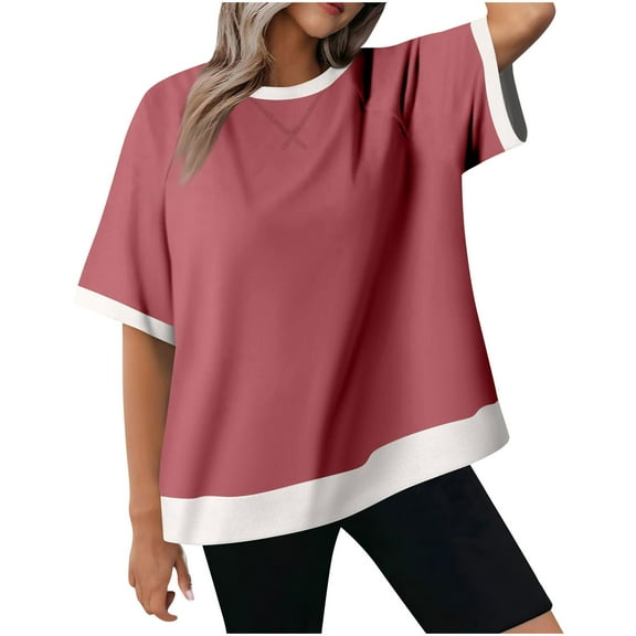 JGGSPWM Women's Oversized Short Sleeve T Shirt Contrast Trim Loose Casual Splicing Threaded Round Neck Sleeved Red M