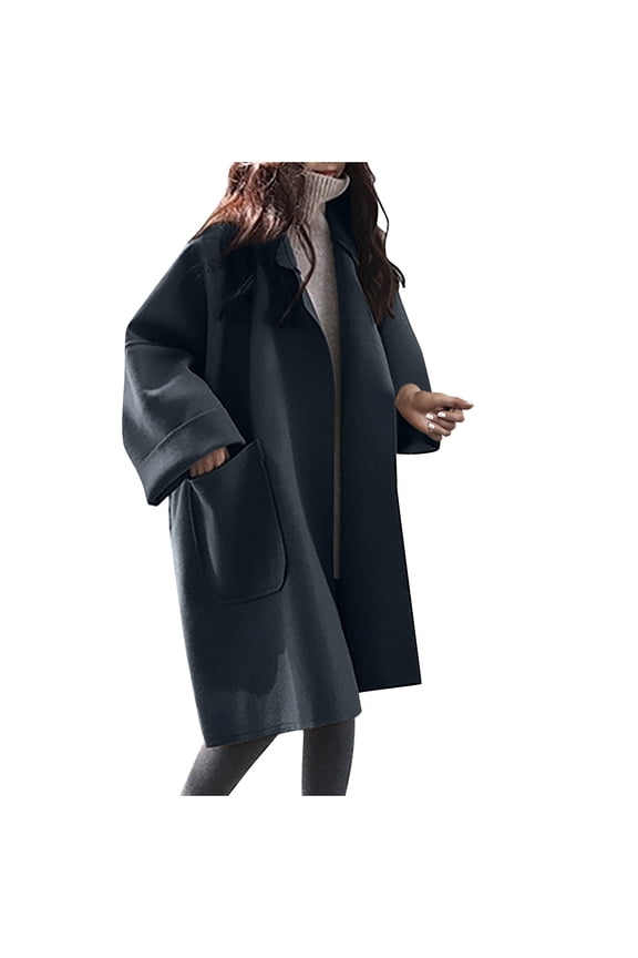 Women's Oversized Wool Cardigan Coat with Big Cuffs, Batwing Sleeve Loose Pea Coat - Lightweight Warm Comfortable Casual Wool Blend Jackets Black XL
