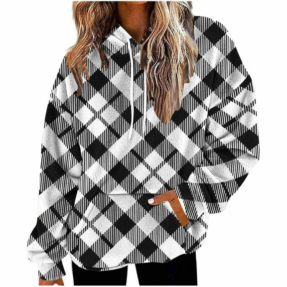 JGGSPWM Women's Plaid Print Fleece Oversized Relaxed Fit Long Sleeve Drop-Shoulder Hooded Sweatshirt with Pockets Black M
