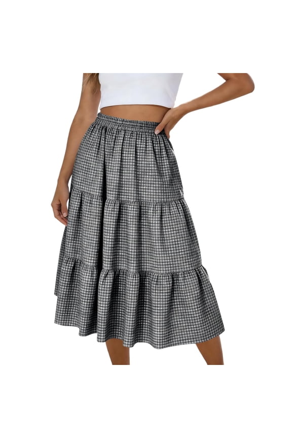 Women's Plaid Skirt Elastic High Waist Baggy A Line Skirts Tiered Ruffle Fashion Summer Casual Daily Pull On Dresses Black M