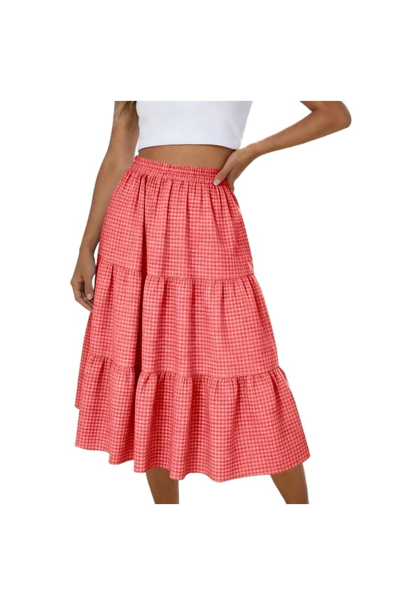 Women's Plaid Skirt Elastic High Waist Baggy A Line Skirts Tiered Ruffle Fashion Summer Casual Daily Pull On Dresses Red S