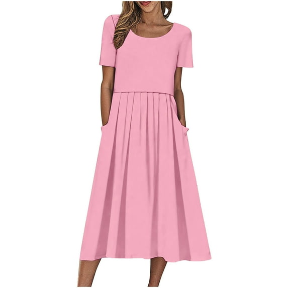 JGGSPWM Women's Pleated Design Mid Calf Dresses Party Daily Casual Round Neck Solid Color Short Sleeve Dresses With Pocket Pink XXL