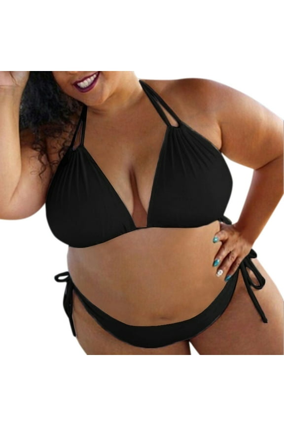 Women's Plus Size 2 Piece Swimsuit Halter Triangle Bikini Set Side String Bottom Bathing Suit Black M