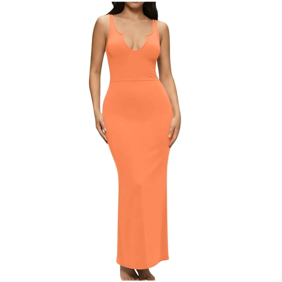 JGGSPWM Women's Plus Size Bodycon Tank Dress Deep V-neck Sleeveless Casual Long Maxi Dresses Party Club Beach Sundresses Orange S