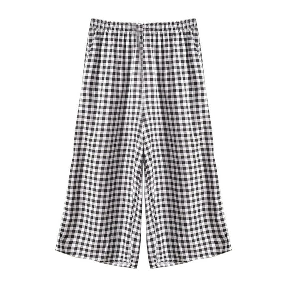 JGGSPWM Women's Plus Size Capri Pajama Pants Gingham Print Loose Wide Leg Causal Cropped Lounge Bottoms Sleep Pants Gray XL